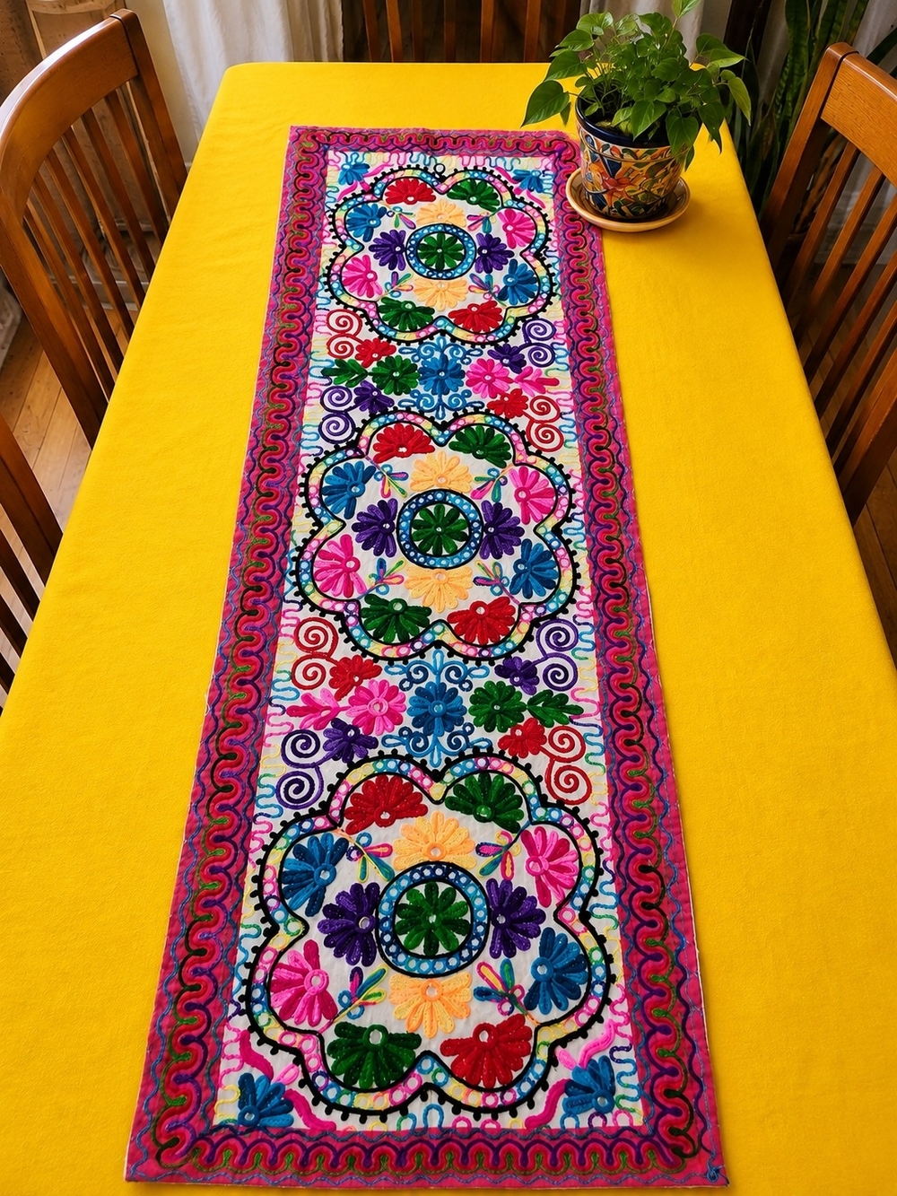 Boho Embroidered Table Runner 19 X 55" Made In India Bright Colors